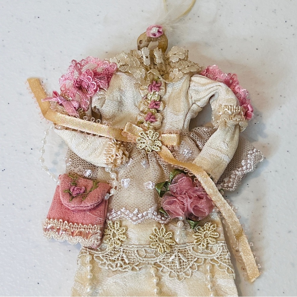 Victorian Dress Ornament Swan Hanger Cream with Pink Florals and Pearl Detail 8" - Picture 2 of 7